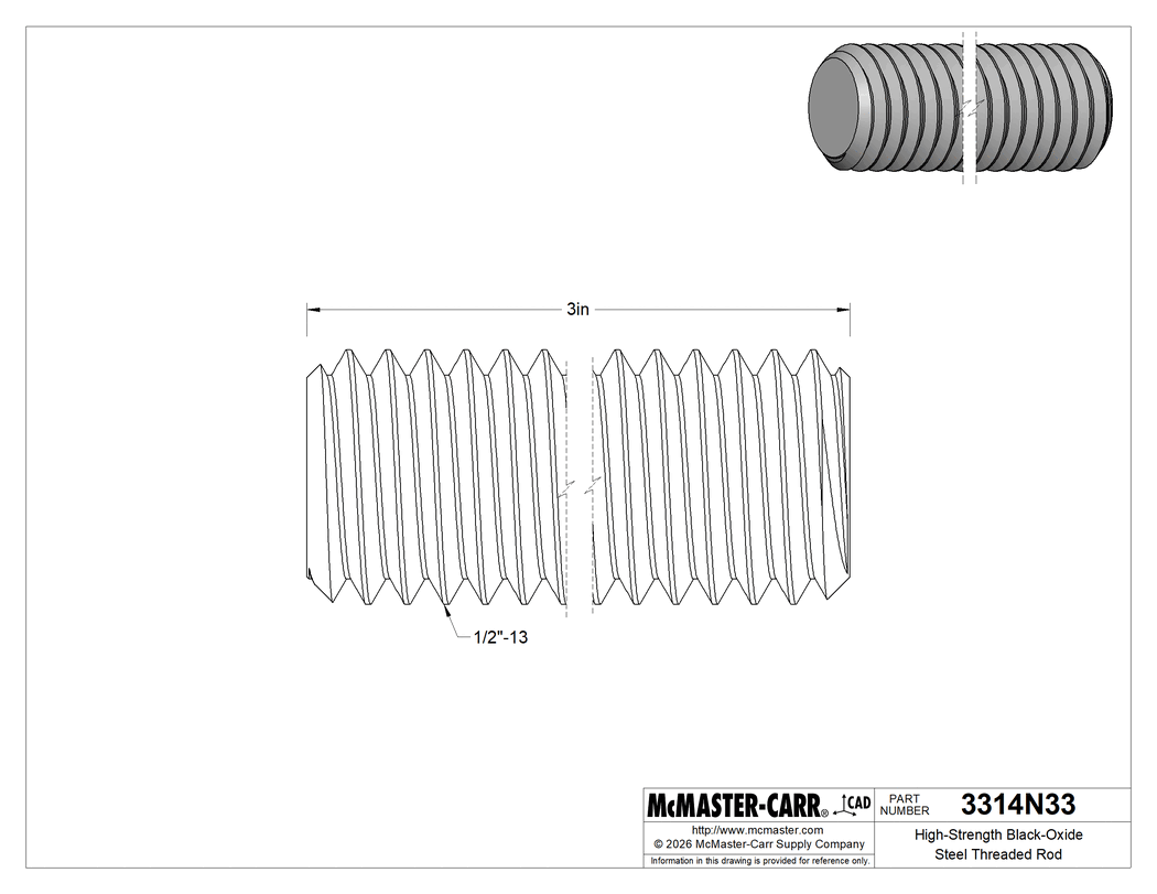 Technical Drawing of High-Strength Black-Oxide Steel Threaded Rod, 1/2"-13 Thread Size, 3" Long.